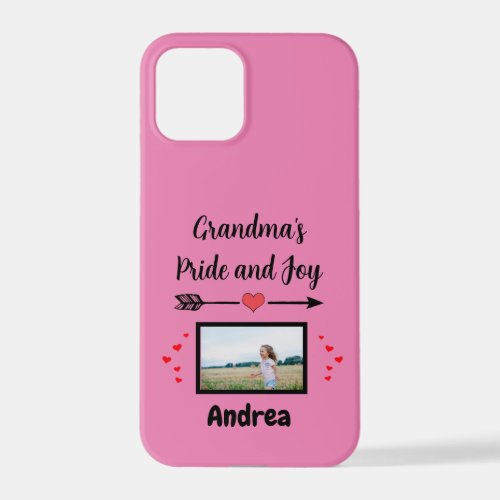 Grandmas Pride and Joy with Hearts Photo and Name iPhone 12 Pro Case