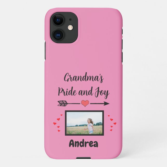 Grandmas Pride and Joy with Hearts Photo and Name  iPhone Case (Back)