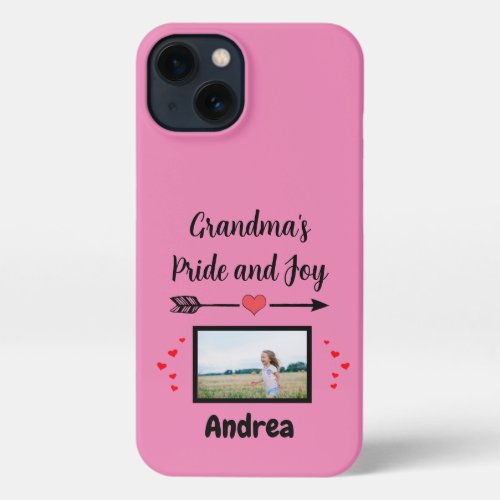 Grandmas Pride and Joy with Hearts Photo and Name iPhone 13 Case