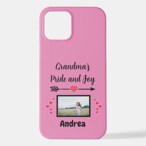 Grandmas Pride and Joy with Hearts Photo and Name iPhone 12 Case