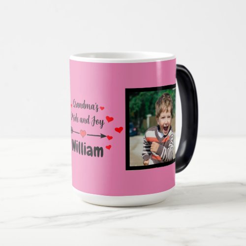 Grandmas Pride and Joy with Hearts Photo and Name Magic Mug