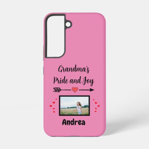 Grandmas Pride and Joy with Hearts Photo and Name Samsung Galaxy S22 Case