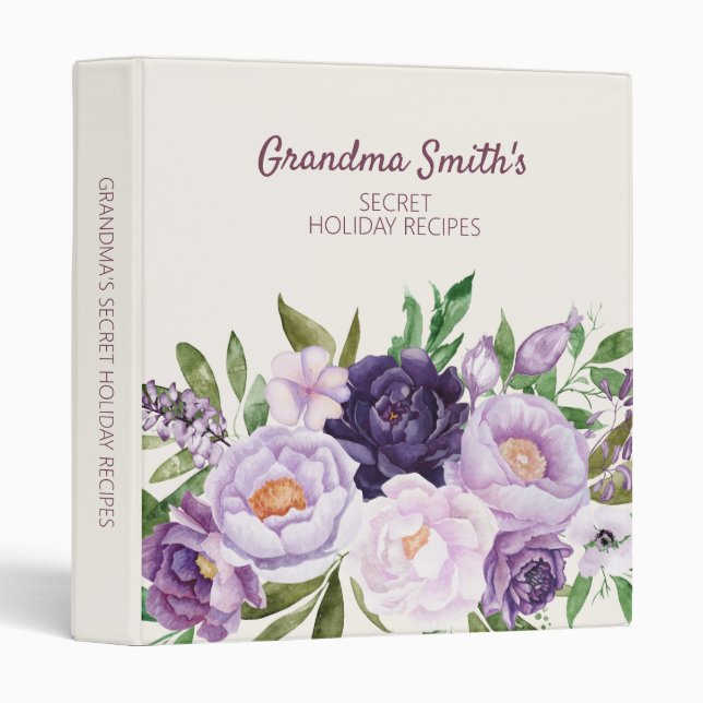 Grandma's Recipe Cookbook Purple Floral Greenery 3 Ring Binder (Front/Spine)