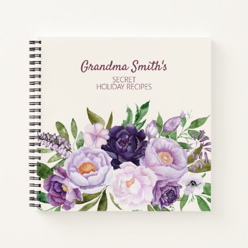 Grandmas Recipe Cookbook Purple Floral Greenery  Notebook