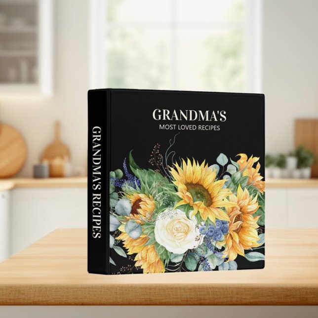 Grandma's Recipe Cookbook Yellow Sunflowers Black 3 Ring Binder (Creator Uploaded)