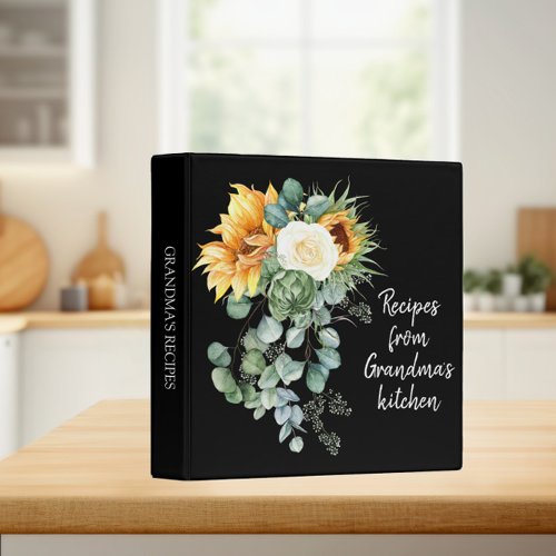 Grandmas Recipes Sunflowers Eucalyptus Black Note 3 Ring Binder