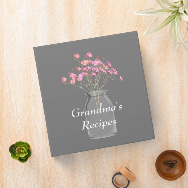 Grandma's Recipes Wildflowers Mason Jar Pink 3 Ring Binder (In Situ)