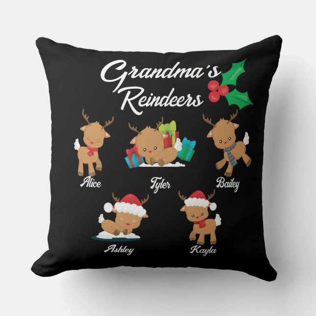 Grandma's Reindeer 5 Custom Grandkids Names Xmas Throw Pillow (Front)