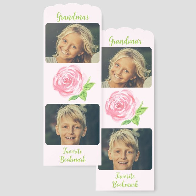 Grandma's Watercolor Rose KIDS PHOTO Bookmark (Front & Back)