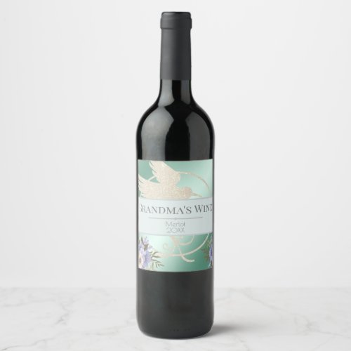 Grandmas Wine Hummingbird and Flowers Green Shine Wine Label
