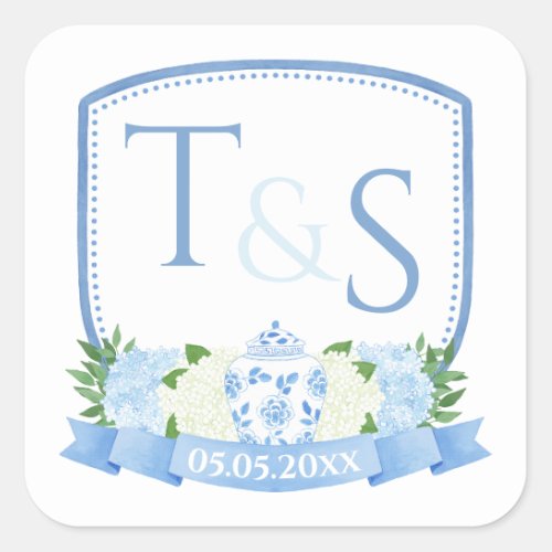 Grandmillenial Blue And White Wedding Crest Square Sticker