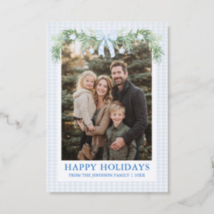Grandmillenial Blue Bow Christmas Holiday Family Letterpress Photo Cards
