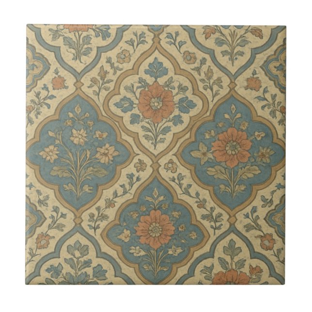 Grandmillenial Blue Orange Moroccan Floral  Ceramic Tile (Front)
