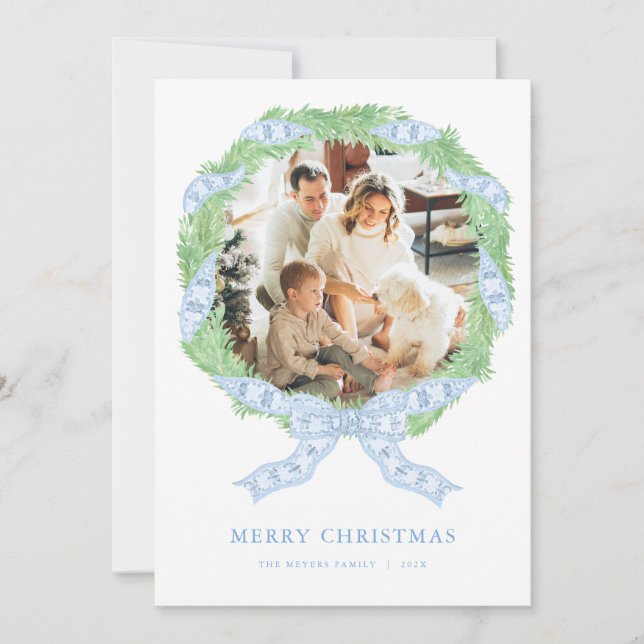 Grandmillenial Blue Wreath Christmas Photo Card (Front)