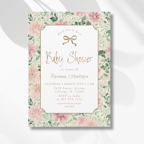 Grandmillenial Blush Sage Anemone Gold Baby Shower Invitation