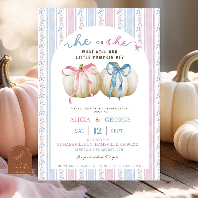 Grandmillenial Bow Preppy Pumpkin Gender Reveal Invitation (Creator Uploaded)