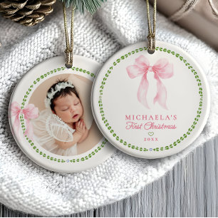 Grandmillenial Bows Baby's First Christmas Photo Ceramic Ornament