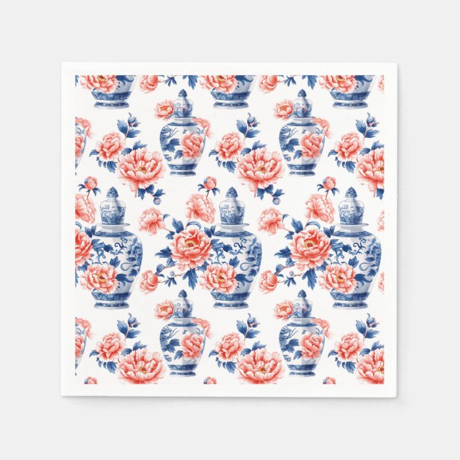 Grandmillenial Chinoiserie Ginger Jar Pink Peonies Napkins (Front)