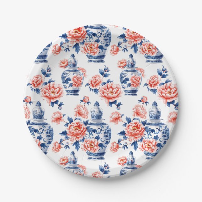Grandmillenial Chinoiserie Ginger Jar Pink Peonies Paper Plates (Front)