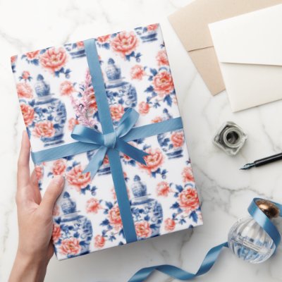 Grandmillenial Chinoiserie Ginger Jar Pink Peonies Wrapping Paper