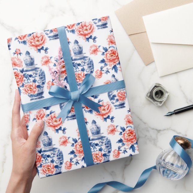Grandmillenial Chinoiserie Ginger Jar Pink Peonies Wrapping Paper (Gifting)