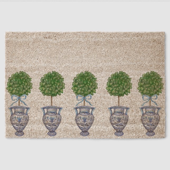Grandmillenial chinoiserie topiary classic bow  fiber doormat (Front)