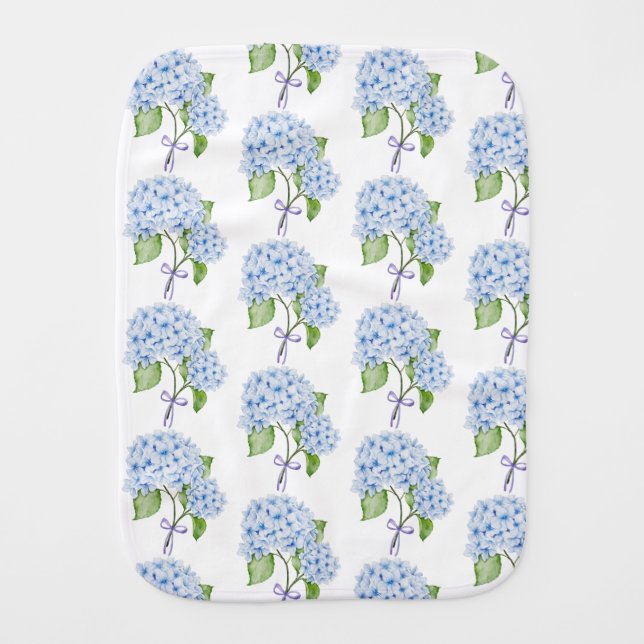 Grandmillenial floral hydrangea bow blue preppy baby burp cloth (Front)