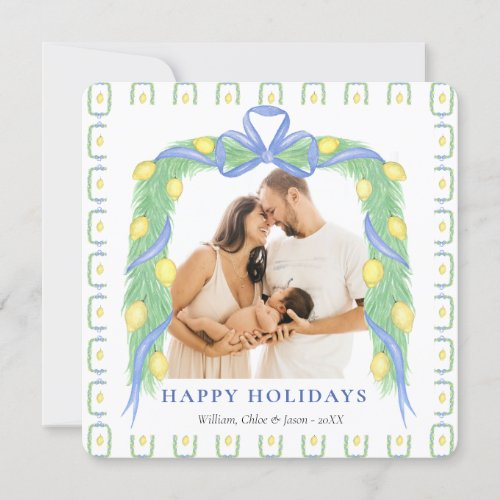 Grandmillenial Lemon Blue Chinoiserie One Photo Holiday Card