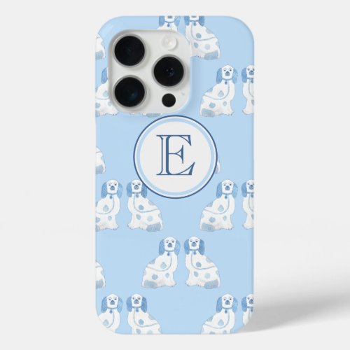 Grandmillenial Monogram Blue  White Pottery Dogs  iPhone 15 Pro Case