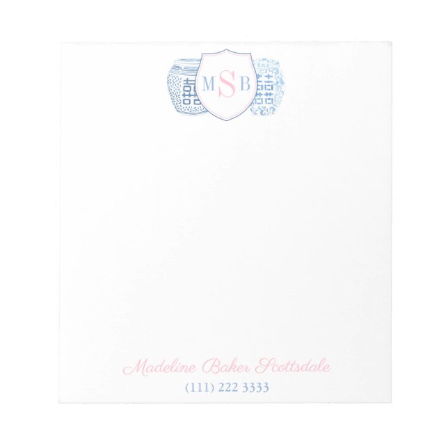 Grandmillenial Pink And Blue Ginger Jar Monogram Notepad (Front)
