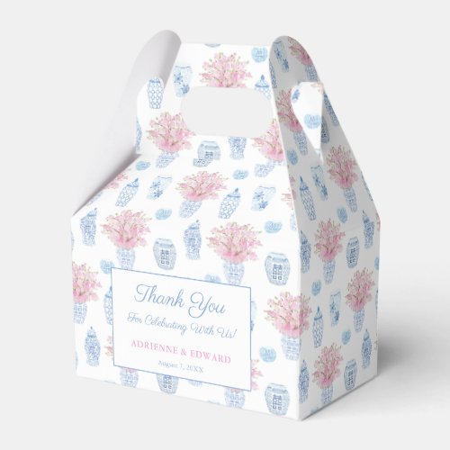 Grandmillenial Pink Blue Ginger Jar Wedding Shower Favor Box - Stylish favor boxes with a blue white and pink watercolor ginger jar pattern. All elements handpainted by me before being scanned into digital form and turned into a repeat pattern. 