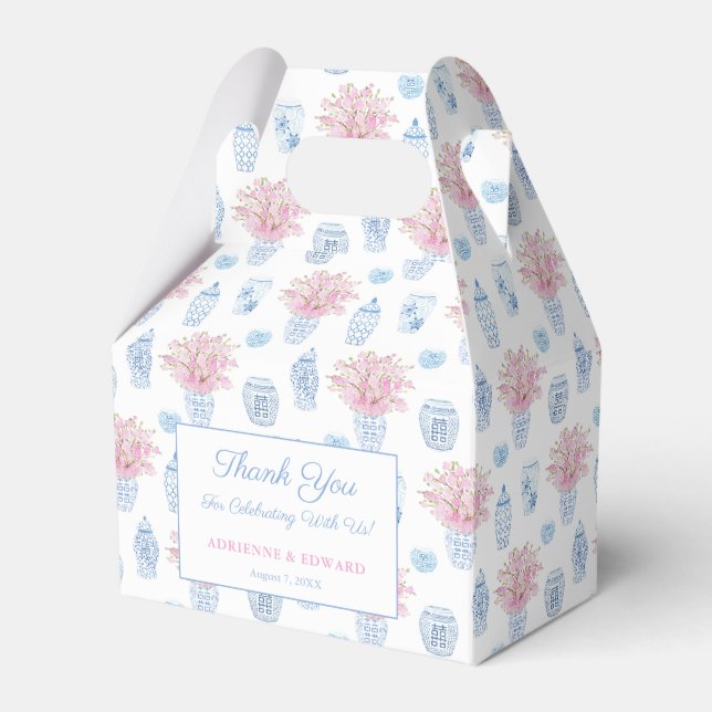 Grandmillenial Pink Blue Ginger Jar Wedding Shower Favor Boxes (Front Side)