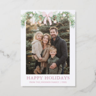 Grandmillenial Pink Bow Family Holiday Christmas Letterpress Photo Cards