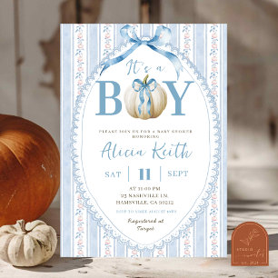 Grandmillenial Preppy Blue Pumpkin Boy Baby Shower Invitation