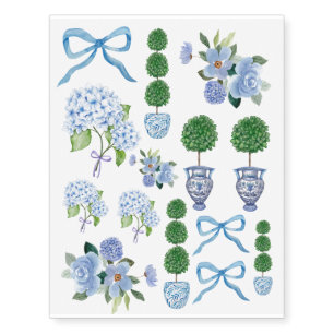 Grandmillenial preppy coastal blue floral temporary tattoos