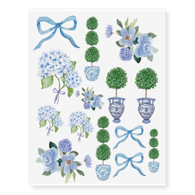 Grandmillenial preppy coastal blue floral temporary tattoos (Front)