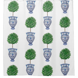 Grandmillenial preppy topiary blue classic shower curtain