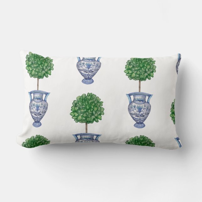 Grandmillenial preppy topiary blue  lumbar pillow (Front)