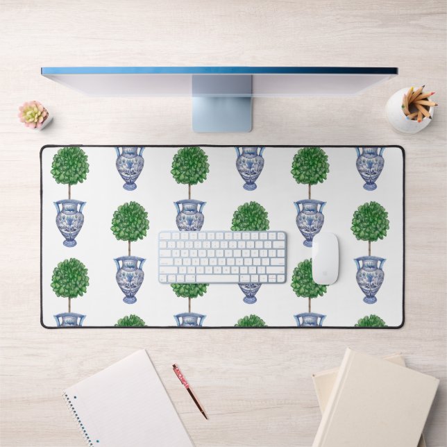 Grandmillenial preppy topiary vase blue desk mat (Office 1)