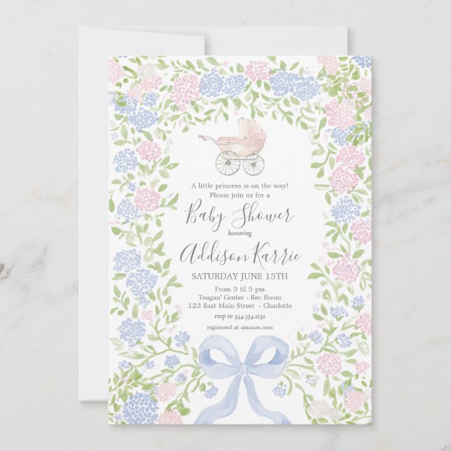 Grandmillennial baby carriage baby shower invite (Front)