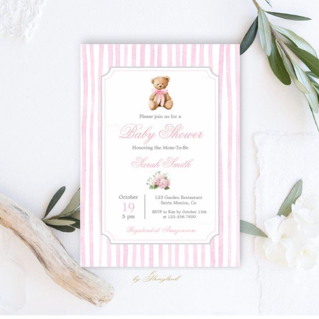 Grandmillennial Bear Baby Shower Girl Invitation (Creator Uploaded)