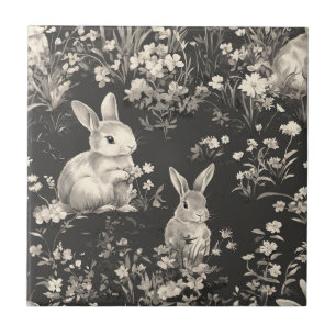 Grandmillennial Black Rabbit Toile Pattern Ceramic Tile