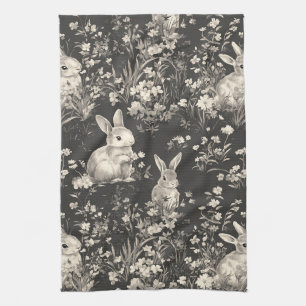 Grandmillennial Black Rabbit Toile Pattern Kitchen Towel