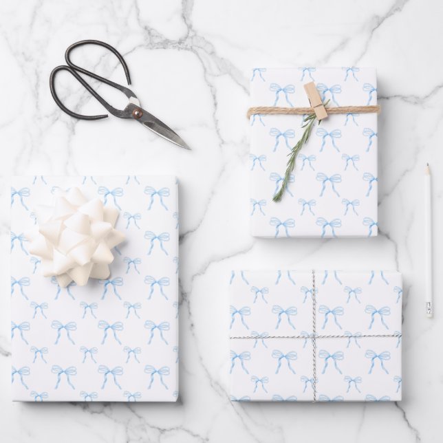 Grandmillennial Blue Bow Preppy Wrapping Paper (Front)