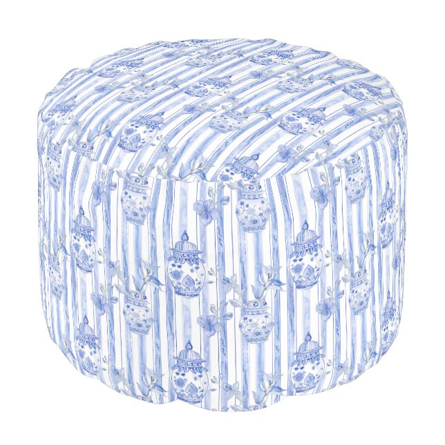Grandmillennial Blue Chinoiserie Ginger Jar  Pouf (Angled Back)