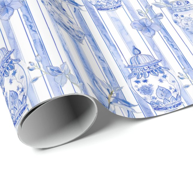 Grandmillennial Blue Chinoiserie Ginger Jar  Wrapping Paper (Roll Corner)