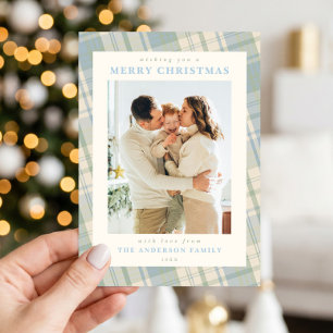 Grandmillennial Blue Green Plaid Christmas Photo Holiday Card