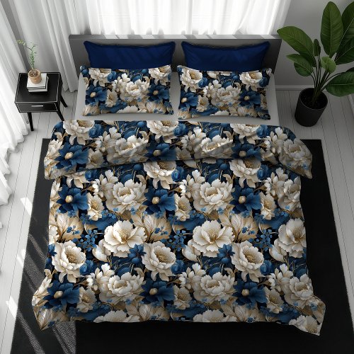 Grandmillennial Blue Ivory Flowers Duvet Cover