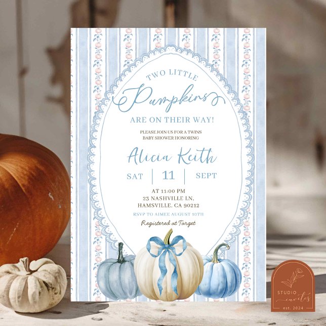 Grandmillennial Blue Pumpkin Boy Twins Baby Shower Invitation (Creator Uploaded)