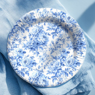 Grandmillennial Blue Toile Roses Floral Paper Plat Plates
